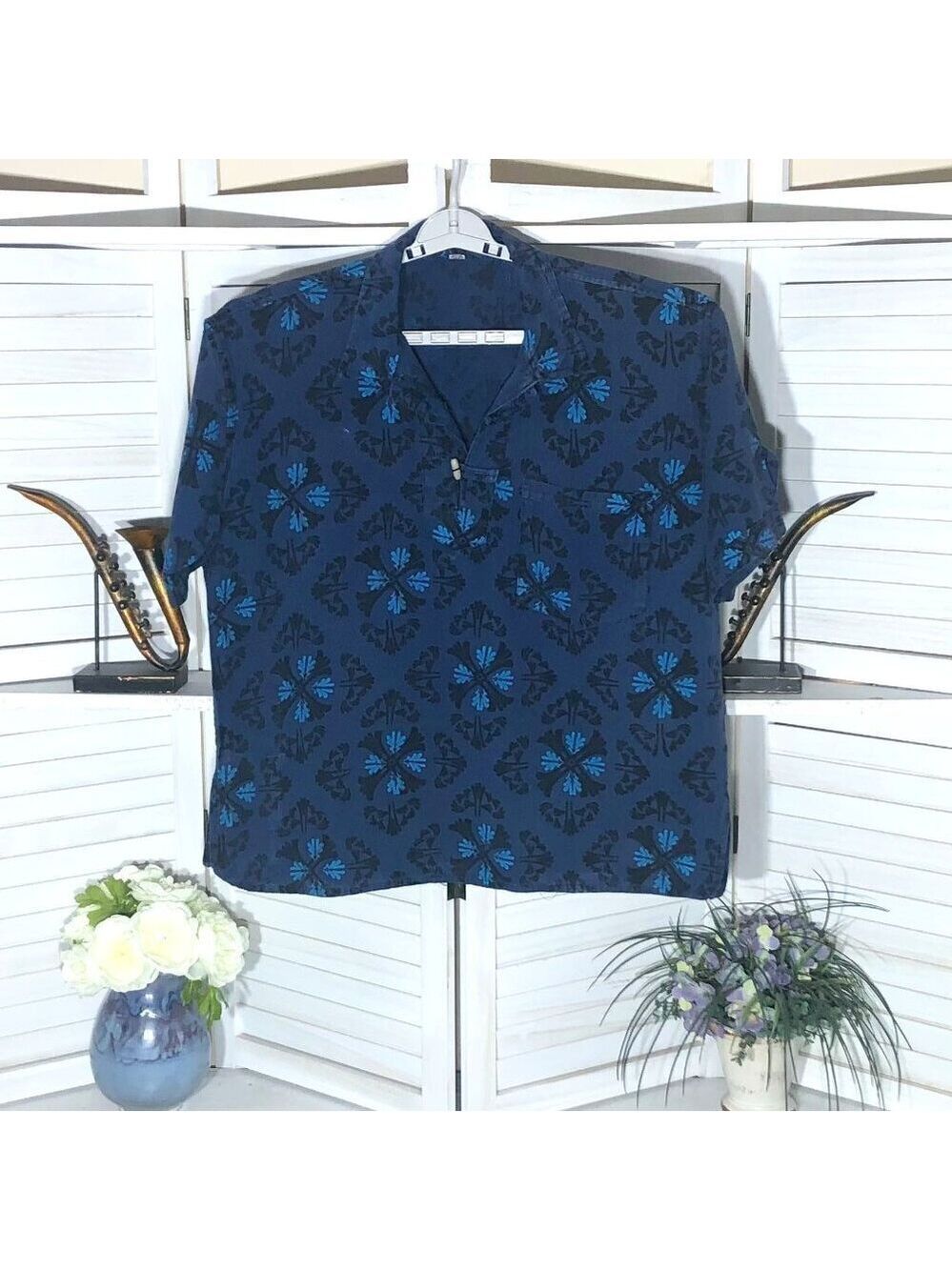 Vintage Floral Paisley Boho Shirt Blue Cotton Large